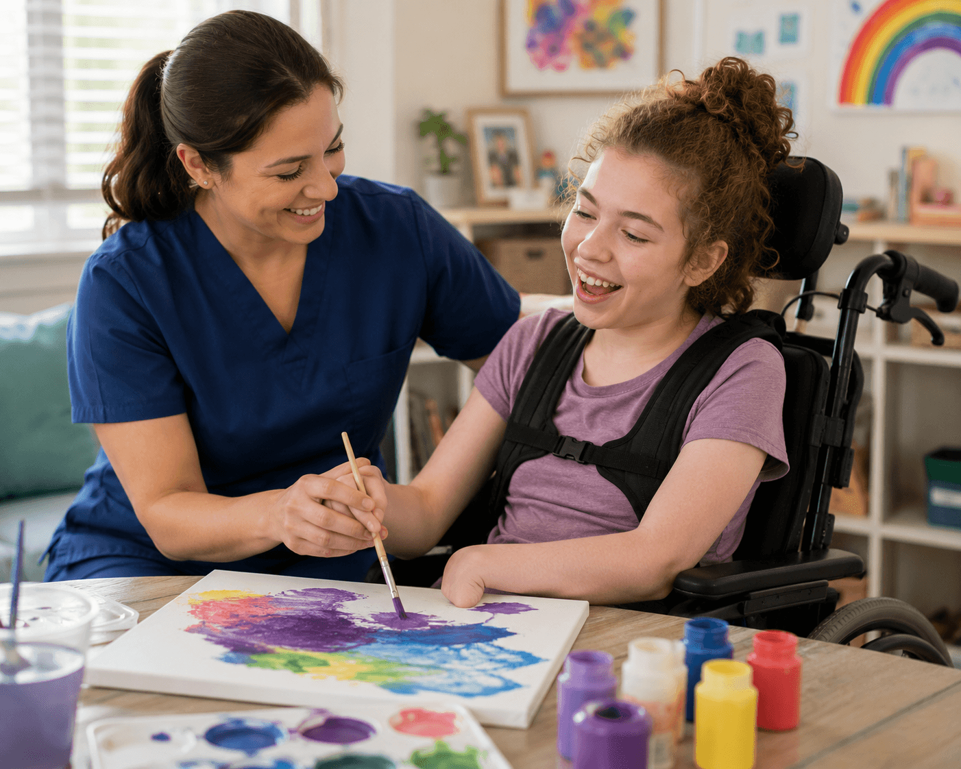 Caregiver supporting a child with special needs at home