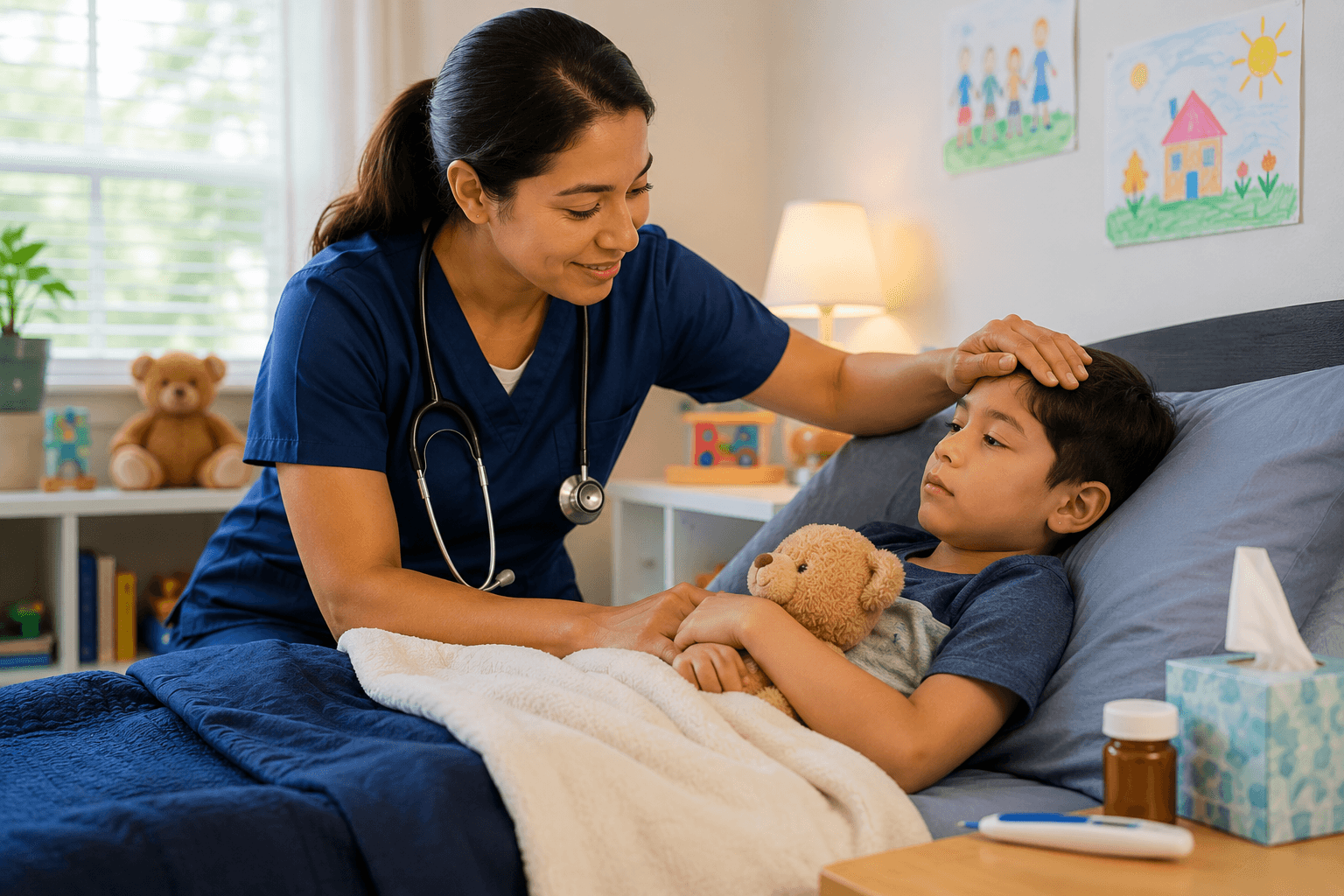Pediatric nurse gently comforting a young child resting in bed at home
